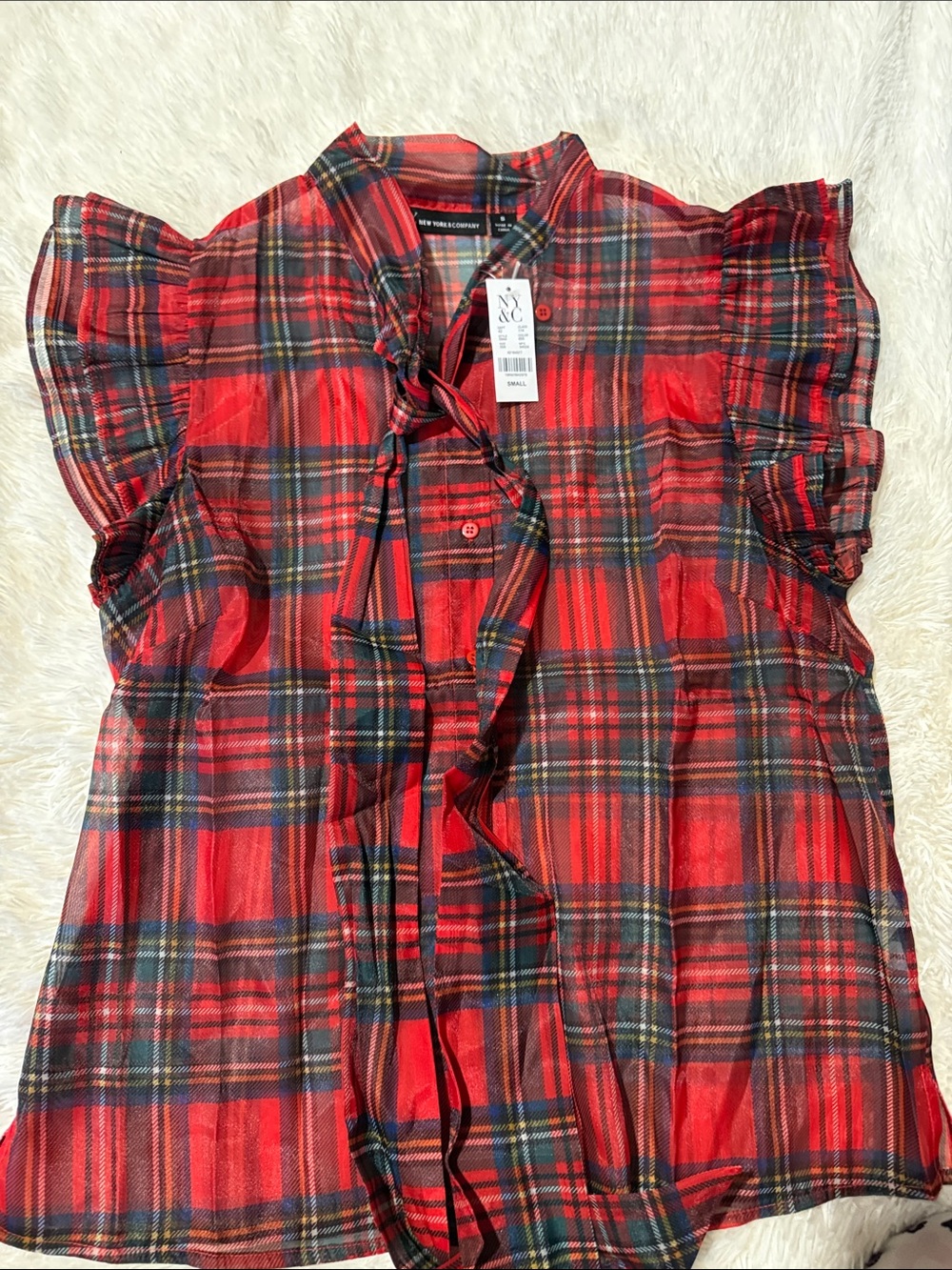 New York & Company Red Plaid Tie-Neck Ruffle Sleeve Top